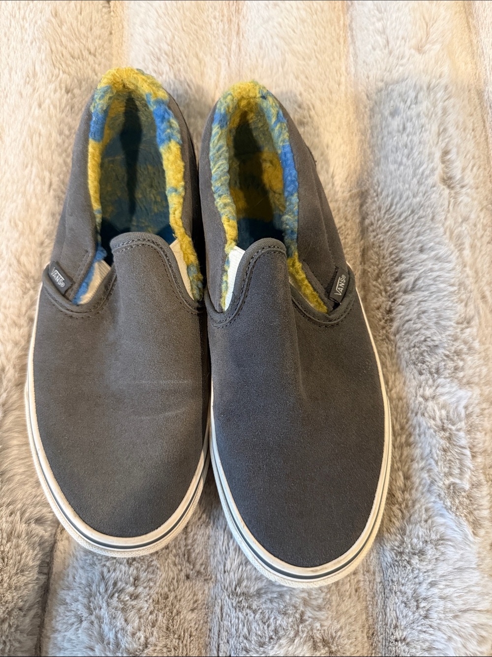Vans Kids Gray Slip-On Sneakers with Yellow & Blue Fleece Lining